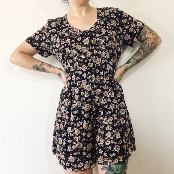 Vintage Pants - Vintage 90s Button Front Floral Romper Jumpsuit